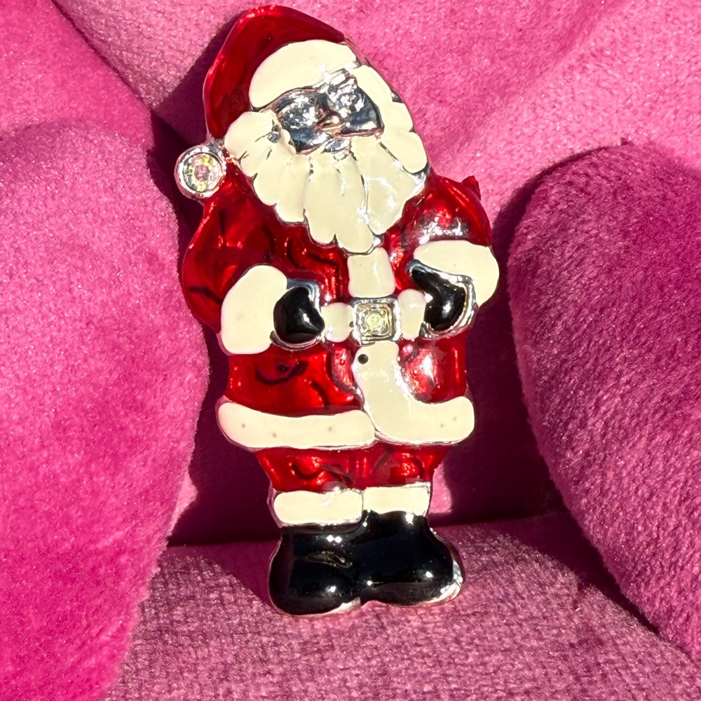 NWOT! Festive Vintage Santa Claus Enamel Silver Tone Brooch Christmas Holiday